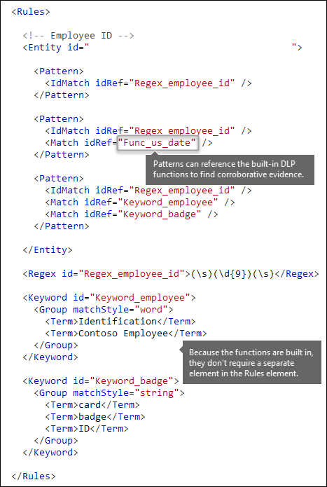 XML markup showing a Match element that references the built-in Func_us_date function.