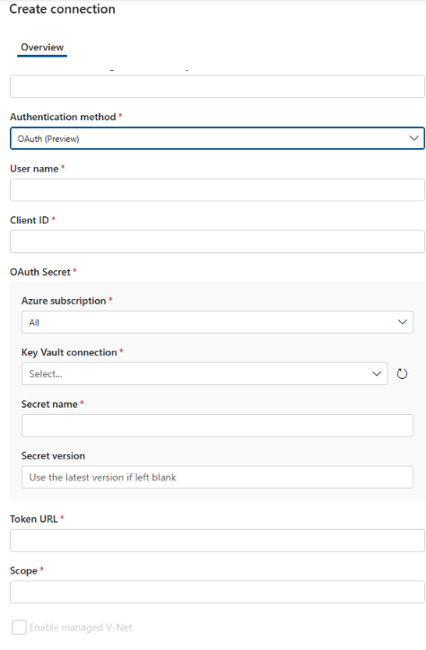 Screenshot that shows how to set up a Snowflake connection by using OAuth.