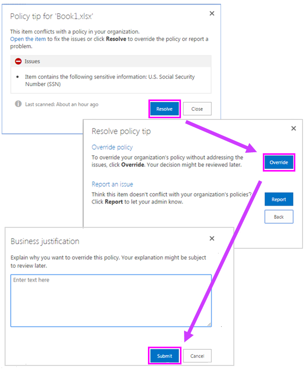 Screenshot of a policy tip with the option to override.