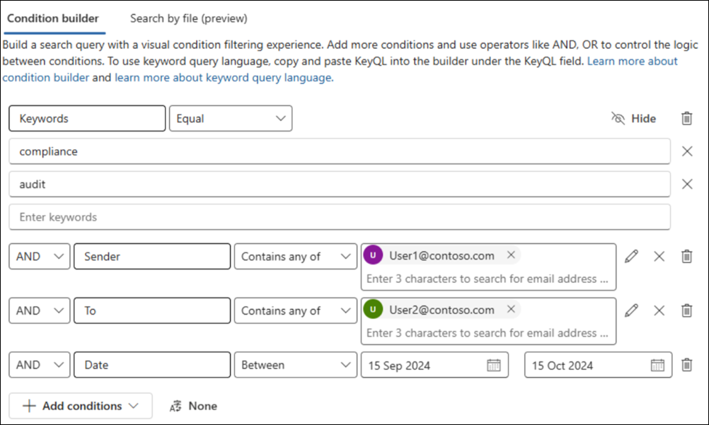 Screenshot of a condition builder search with Keywords, Sender, To, and Date conditions configured for a sample query.