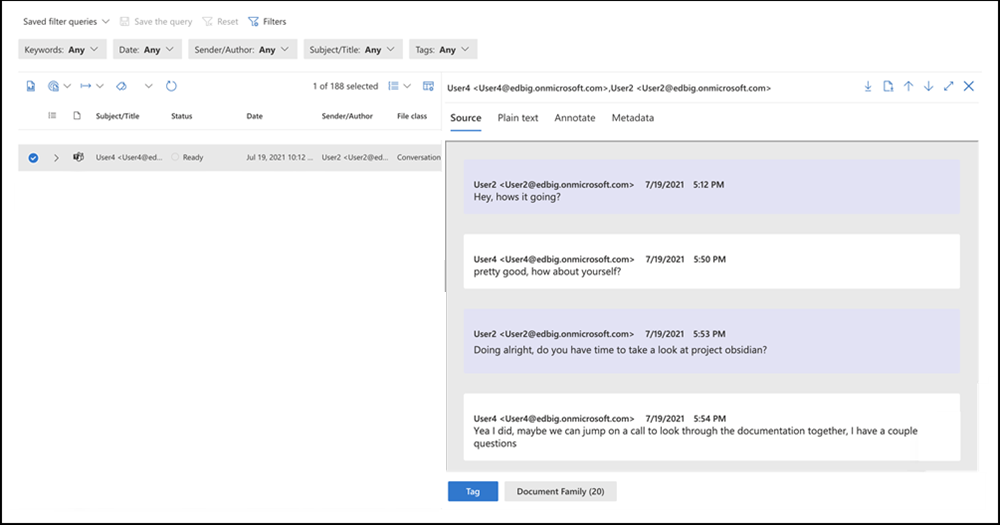 Conversation shown in the transcript file in a review set.