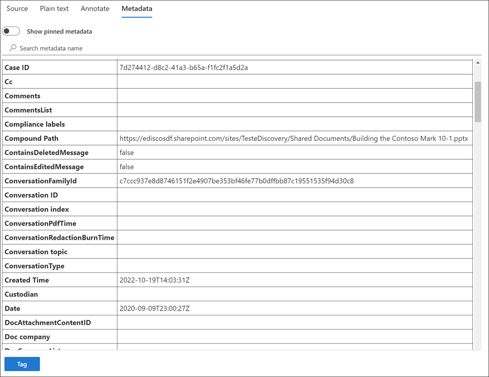 Screenshot of the review set metadata view showing file metadata details for the selected document.