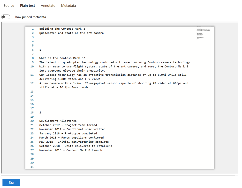 Screenshot of the plain text view showing extracted text content with line numbers and search hit highlighting.