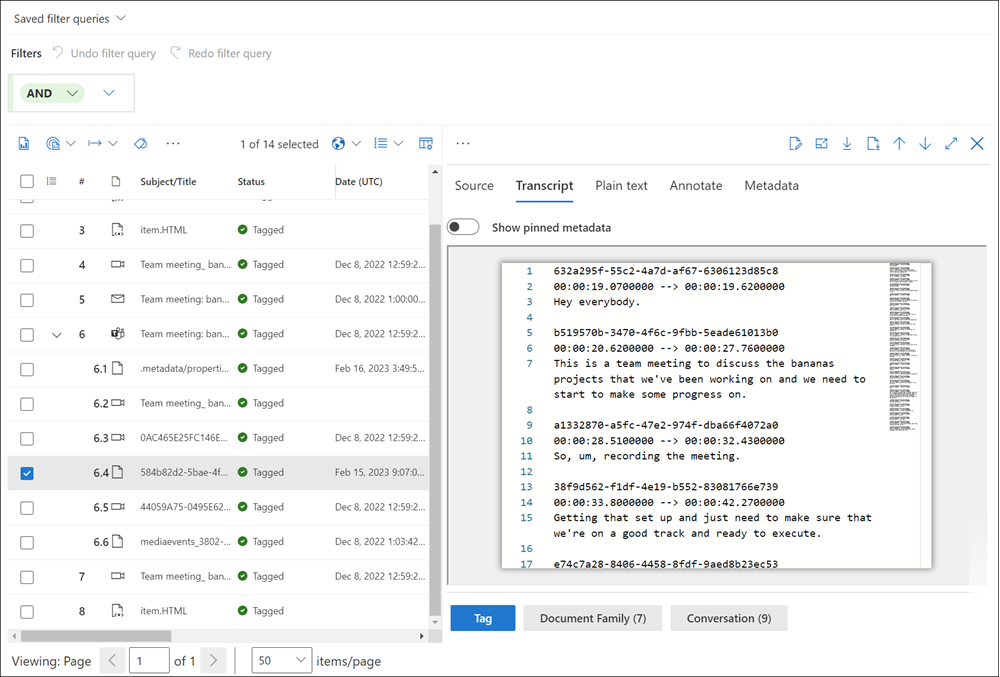 Meeting shown in the meeting transcript file in a review set.