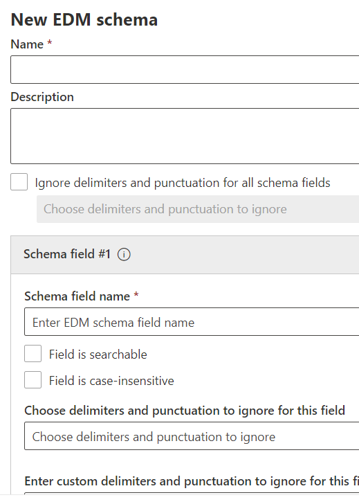 Screenshot of the EDM schema creation wizard configuration flyout showing fields for defining schema name, description, and field settings.