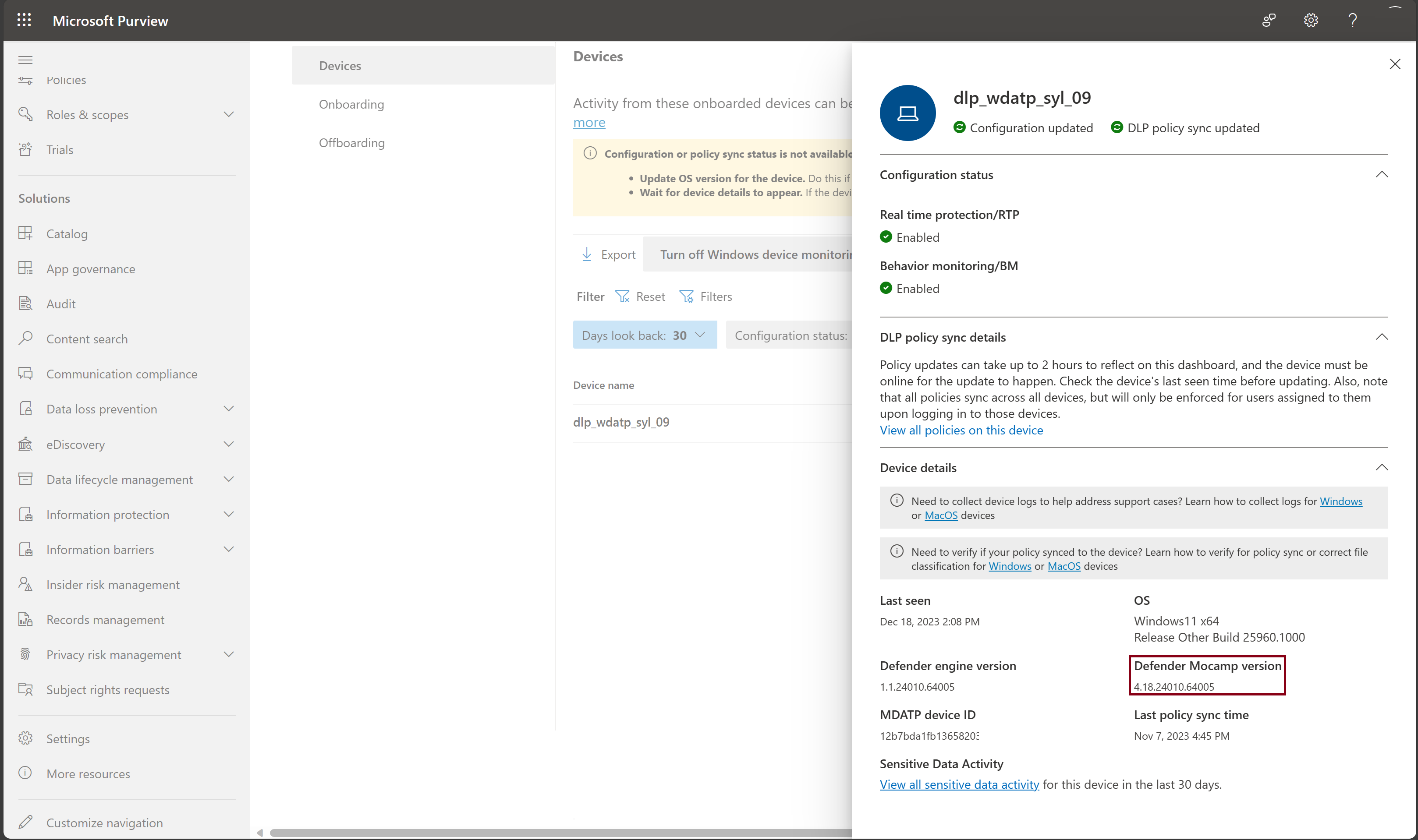 Screenshot of the Just-in-time protection onboarding page showing the Defender antimalware client version