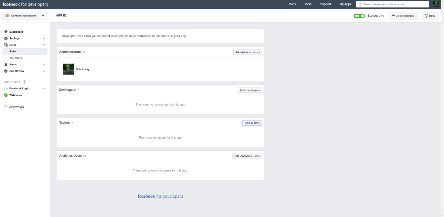 Screenshot of the Facebook app Roles page with the option to add a user to the admin or tester role.