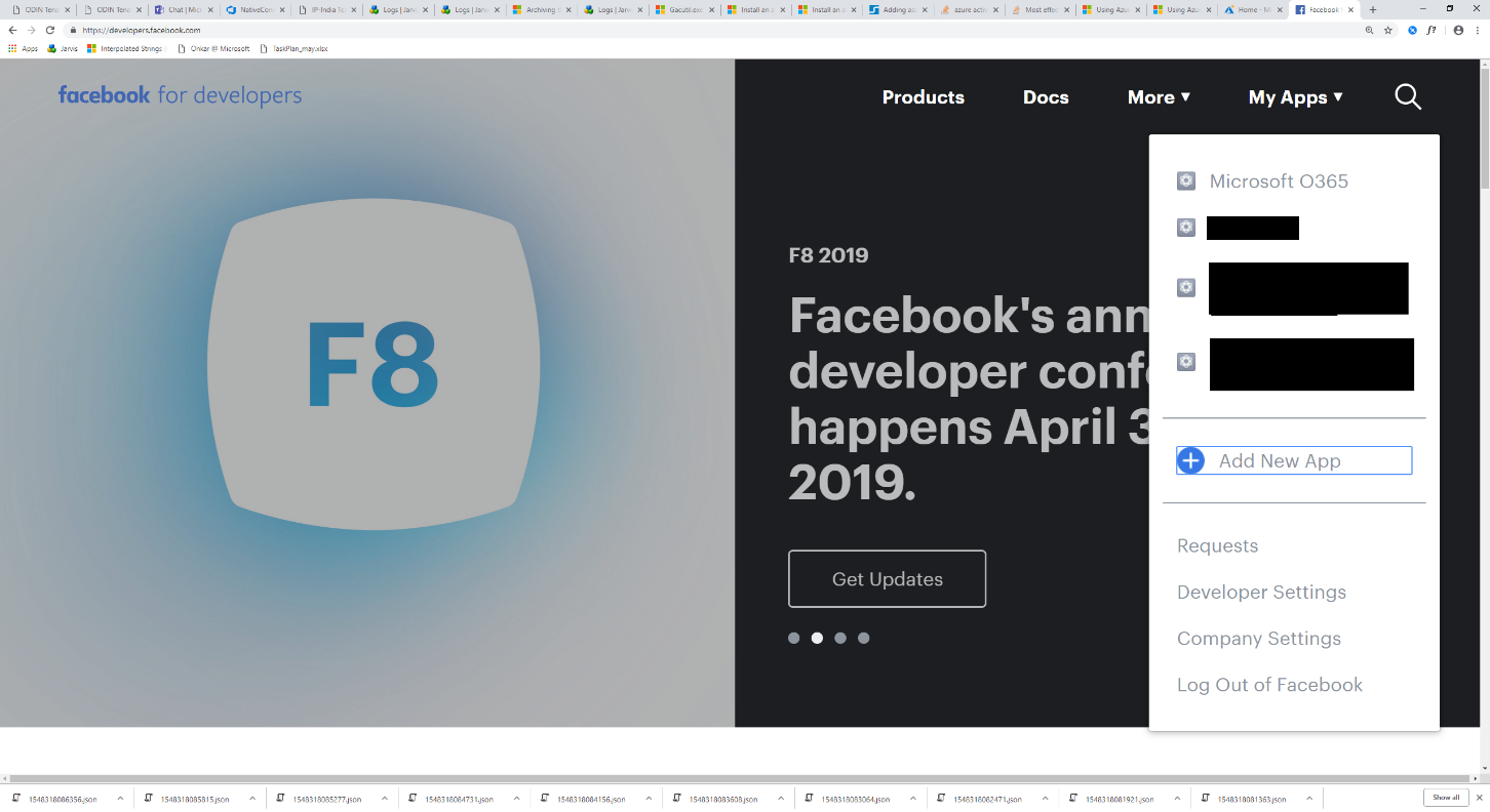 Screenshot of the Facebook for Developers page with the Add New App option highlighted.