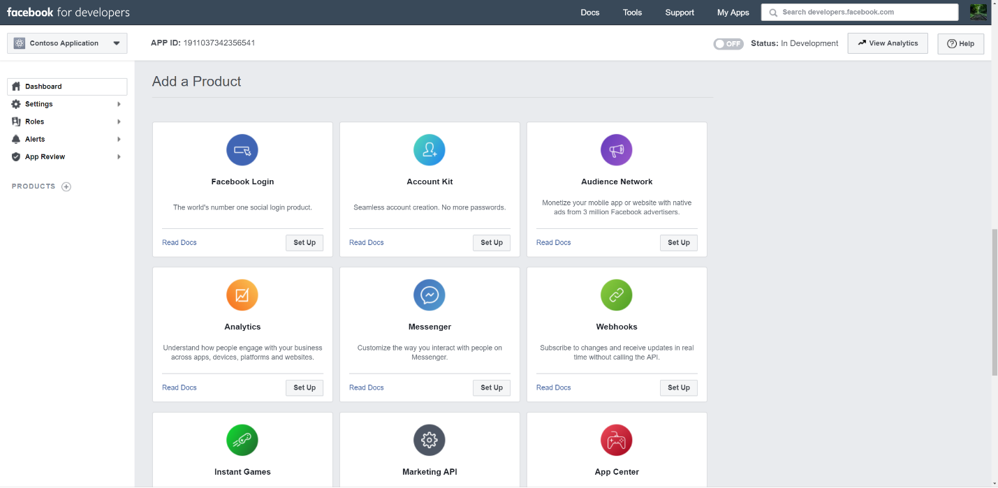 Screenshot of the Facebook app dashboard with Add Products selected and the Facebook Login tile visible.