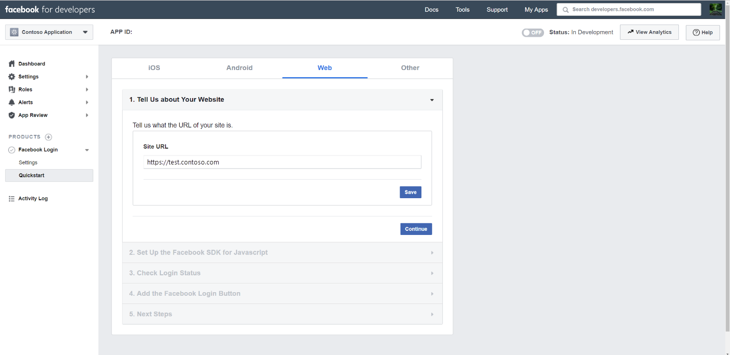 Screenshot of the Facebook Login setup page with the Azure app service URL entered in the Site URL field.