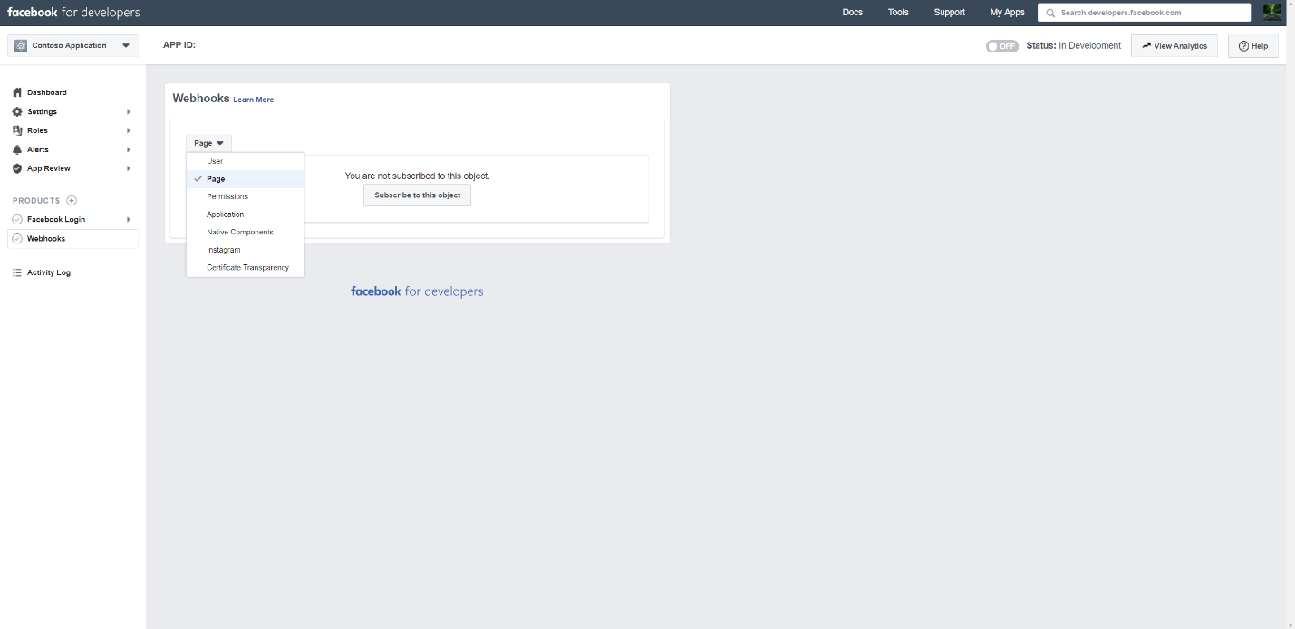 Screenshot of the Facebook app dashboard with Add Products selected and the Webhooks product tile.