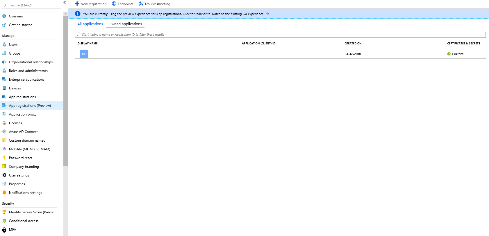 Screenshot of the App registrations page with the New registration option highlighted.