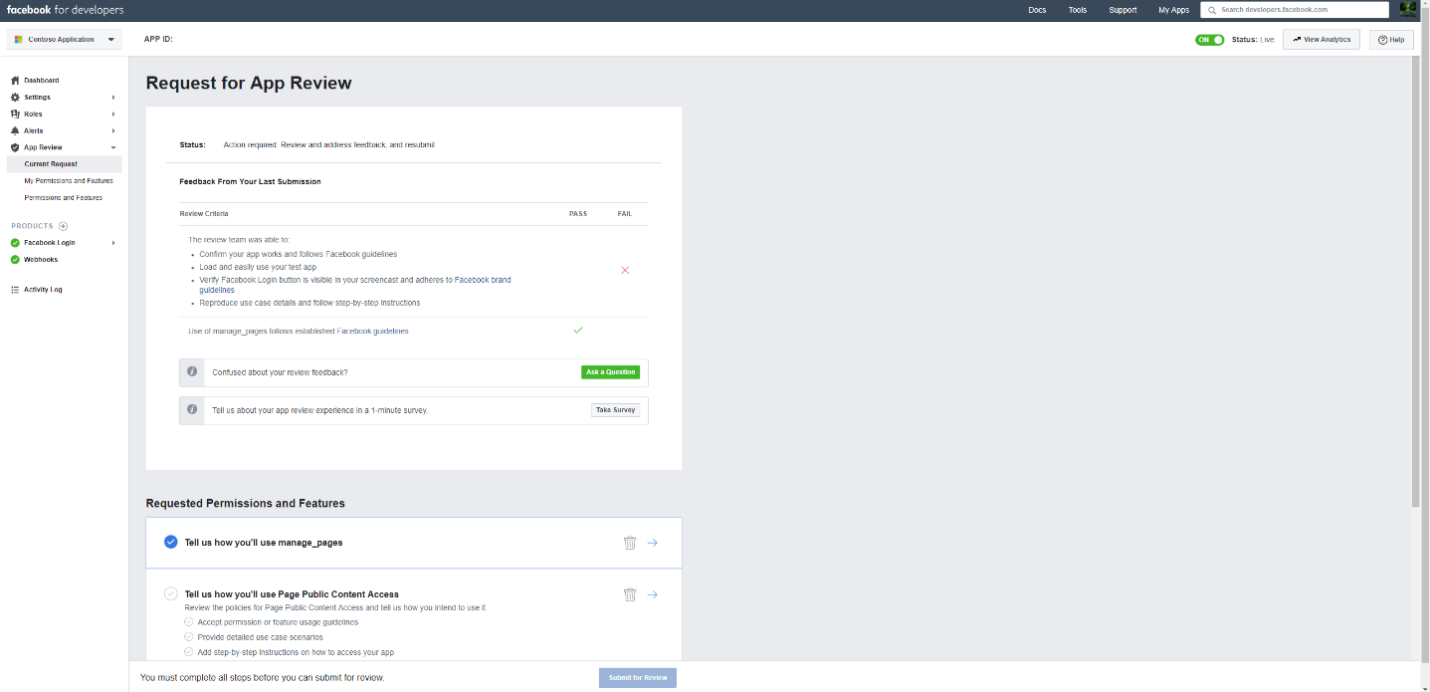 Screenshot of the Facebook App Review page showing the application submission for review by Facebook.