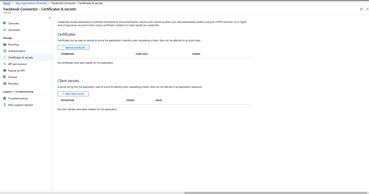 Screenshot of the Certificates and secrets page for the new application in the Azure portal.