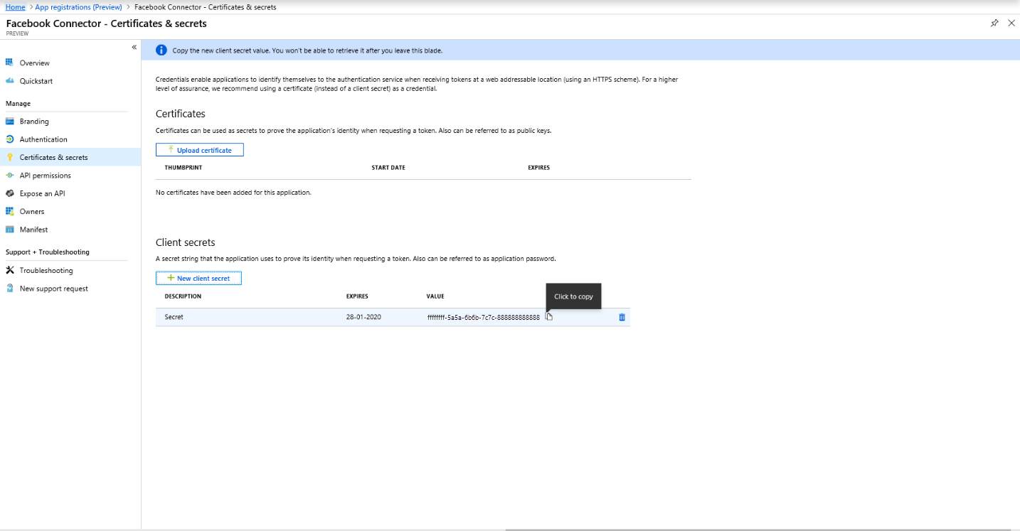 Screenshot of the client secret value displayed after creation for copying to a safe location.