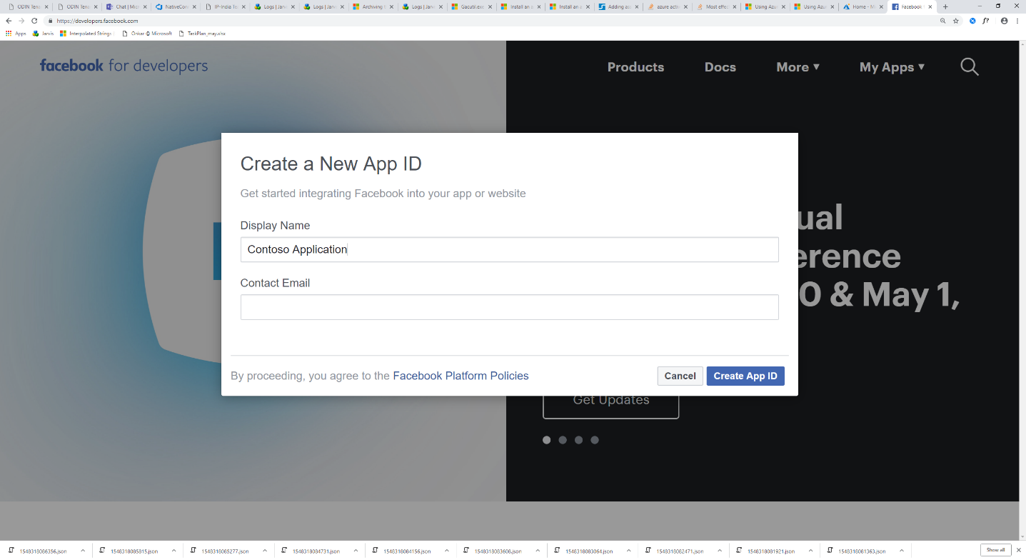 Screenshot of the Facebook Create a New App ID dialog with the required fields displayed.