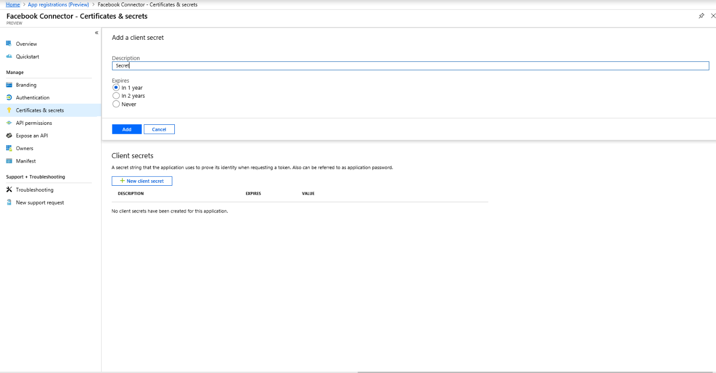 Screenshot of the Add a client secret dialog with the description and expiration period fields.