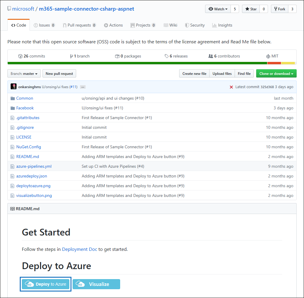 Screenshot of the GitHub repository page with the Deploy to Azure button highlighted.
