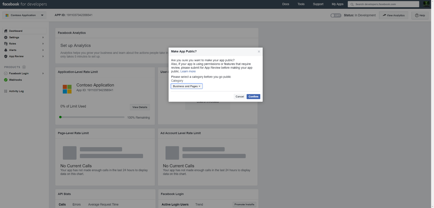 Screenshot of the Facebook app review settings page with the toggle to make the app public.