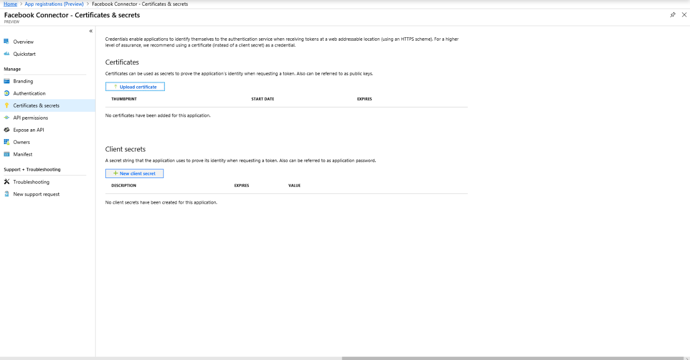 Screenshot of the Client secrets section with the New client secret button highlighted.