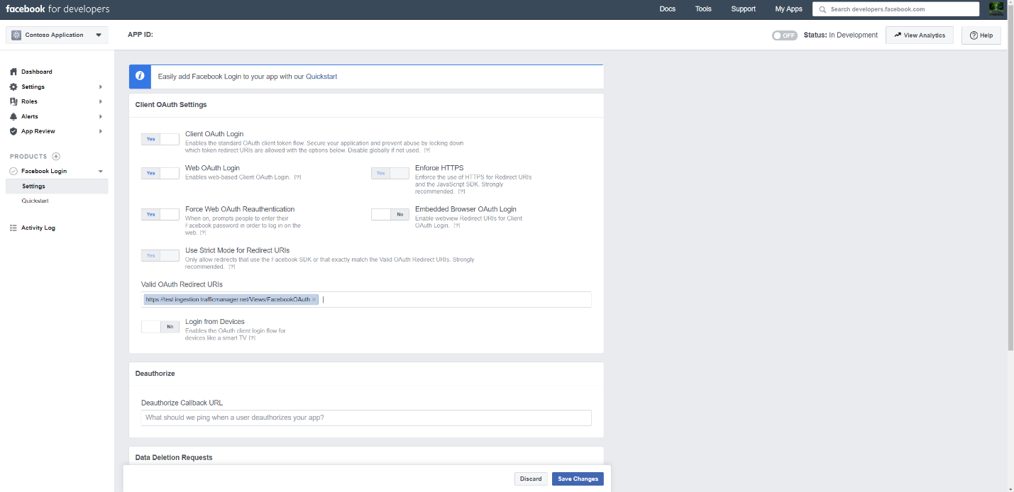 Screenshot of the Facebook Login Settings page with the OAuth redirect URI in the Valid OAuth Redirect URIs field.