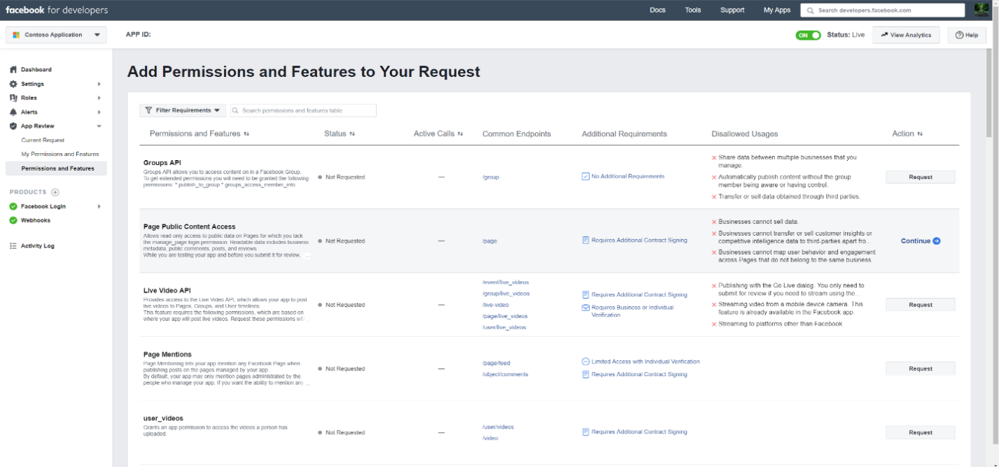 Screenshot of the Facebook app permissions page with the Page Public Content Access permission added.