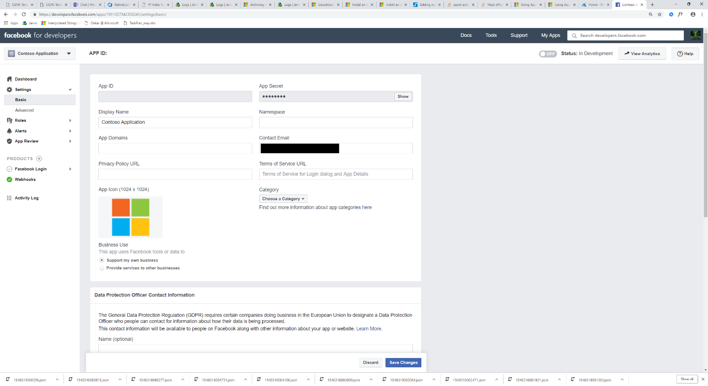Screenshot of the Facebook app settings page with the privacy URL, app icon, and business use fields.