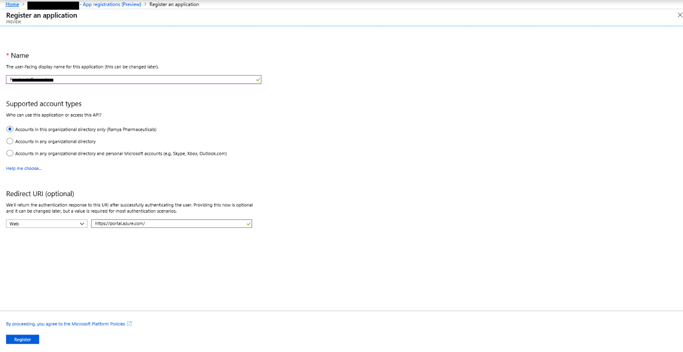 Screenshot of the Register an application page with the name, redirect URI, and Register button.