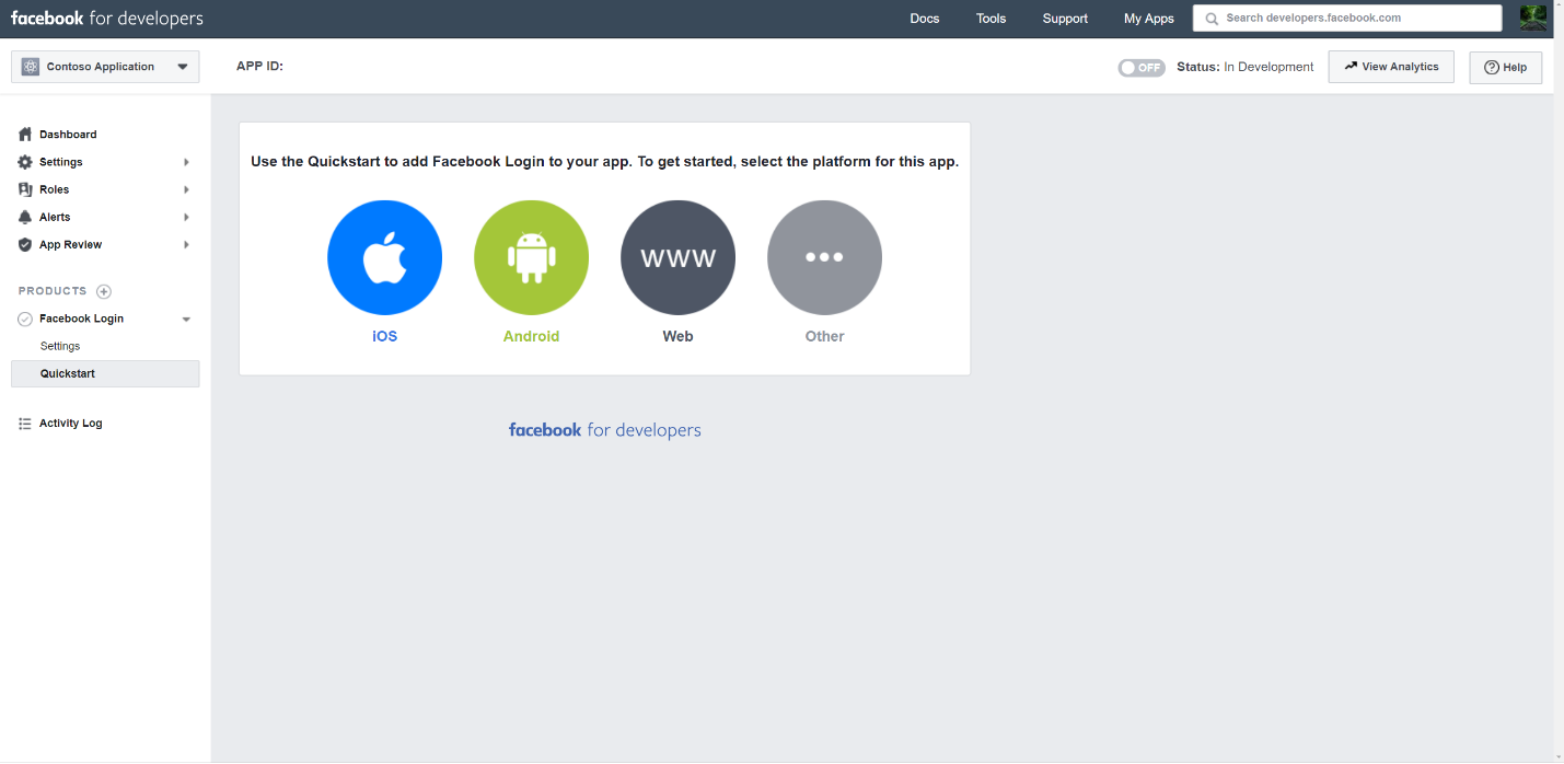 Screenshot of the Integrate Facebook Login page with the Web platform option selected.