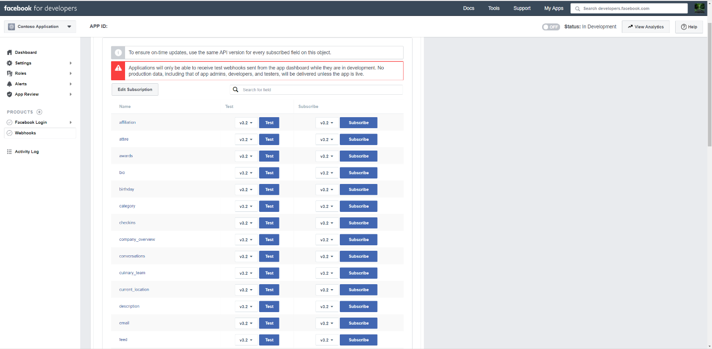 Screenshot of the Webhooks page showing the feed endpoint with test and subscribe options.