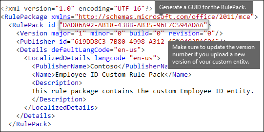 XML markup showing a completed RulePack element example.