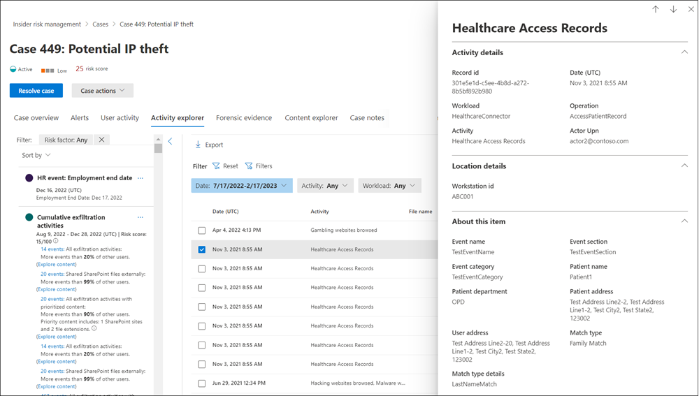 Screenshot of the Insider Risk Management Activity explorer details pane.