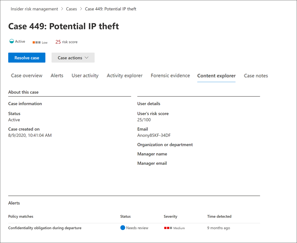 Screenshot of the Insider Risk Management case details page showing the About this case area with case ID, status, risk score, and manager information.