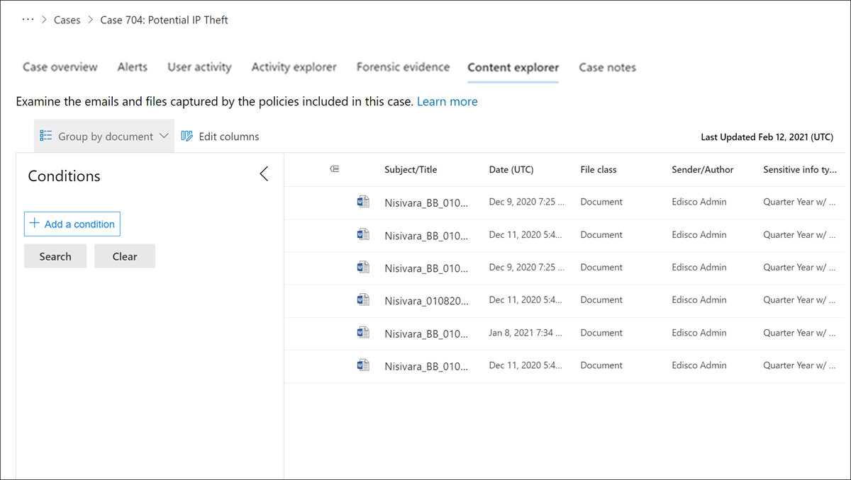 Screenshot of the Content explorer tab in an Insider Risk Management case showing files and email messages associated with risk alerts.