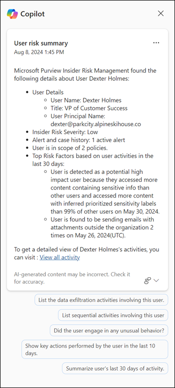 Screenshot of the Insider Risk Management user details pane with the Summarize with Copilot button available for investigating a selected user.