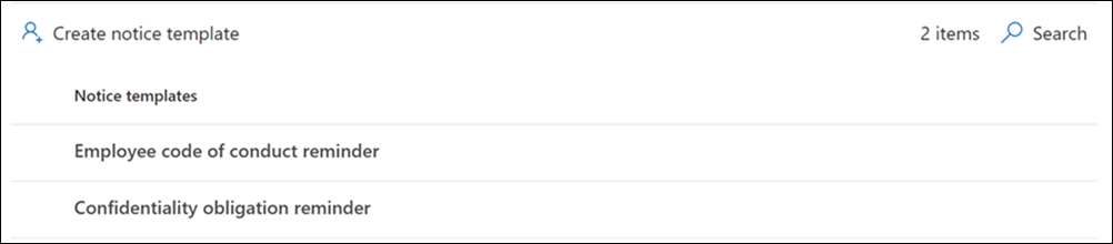 Screenshot of the Notification templates dashboard in Insider Risk Management showing a list of configured notice templates.