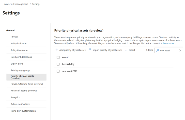 Screenshot of the Priority physical assets settings page in Insider Risk Management showing the configuration options for adding and managing physical asset IDs.