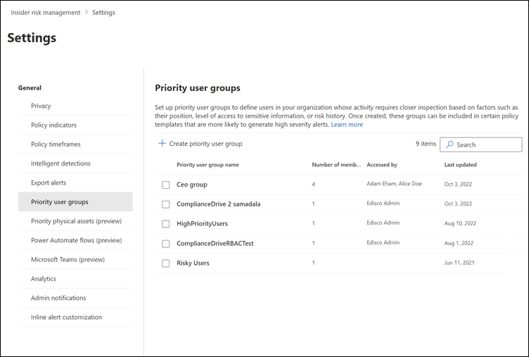 Screenshot of the Insider Risk Management priority user group settings page showing options for defining and managing priority user groups.