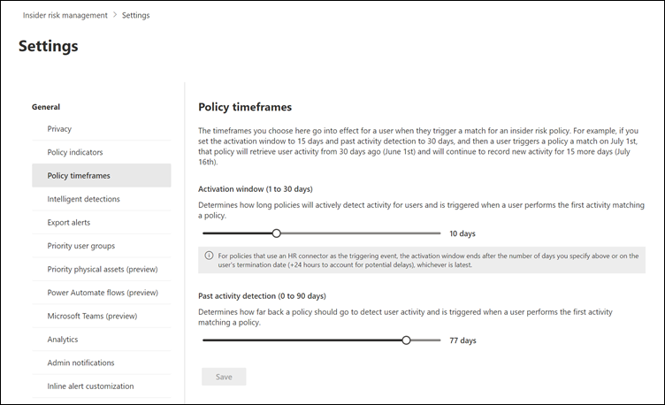 Screenshot of the Insider Risk Management policy timeframes settings page showing the Activation window and Past activity detection sliders.