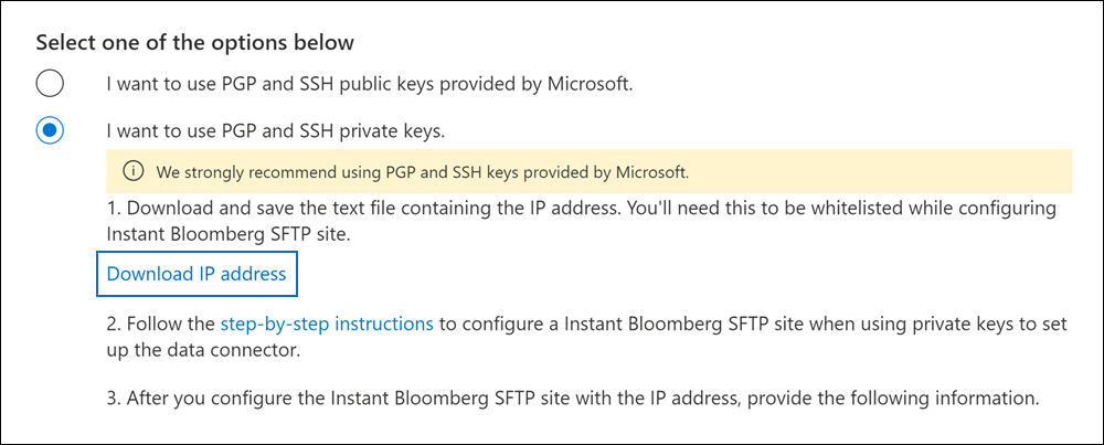 Screenshot of the connector setup page showing the Download IP address link for configuring the Bloomberg SFTP site.