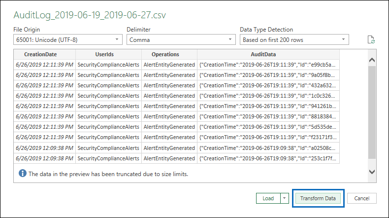 Screenshot of the import dialog with the Transform Data option selected to open the file in Power Query Editor.