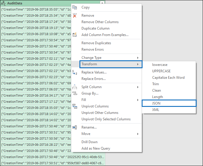 Screenshot of Power Query context menu for the AuditData column with Transform and JSON selected.