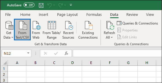 Screenshot of Excel Data tab with the From Text/CSV option selected to import the audit log file.
