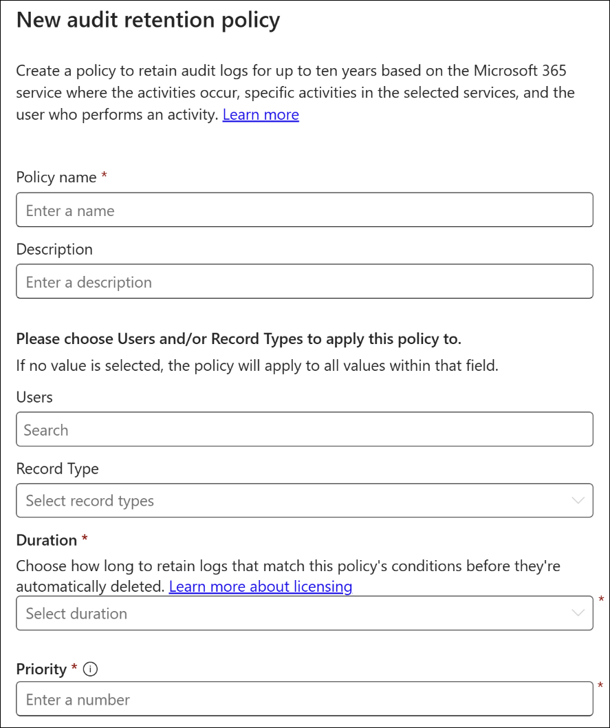 Screenshot of the New audit retention policy flyout page with fields for policy name, description, users, record type, duration, and priority.