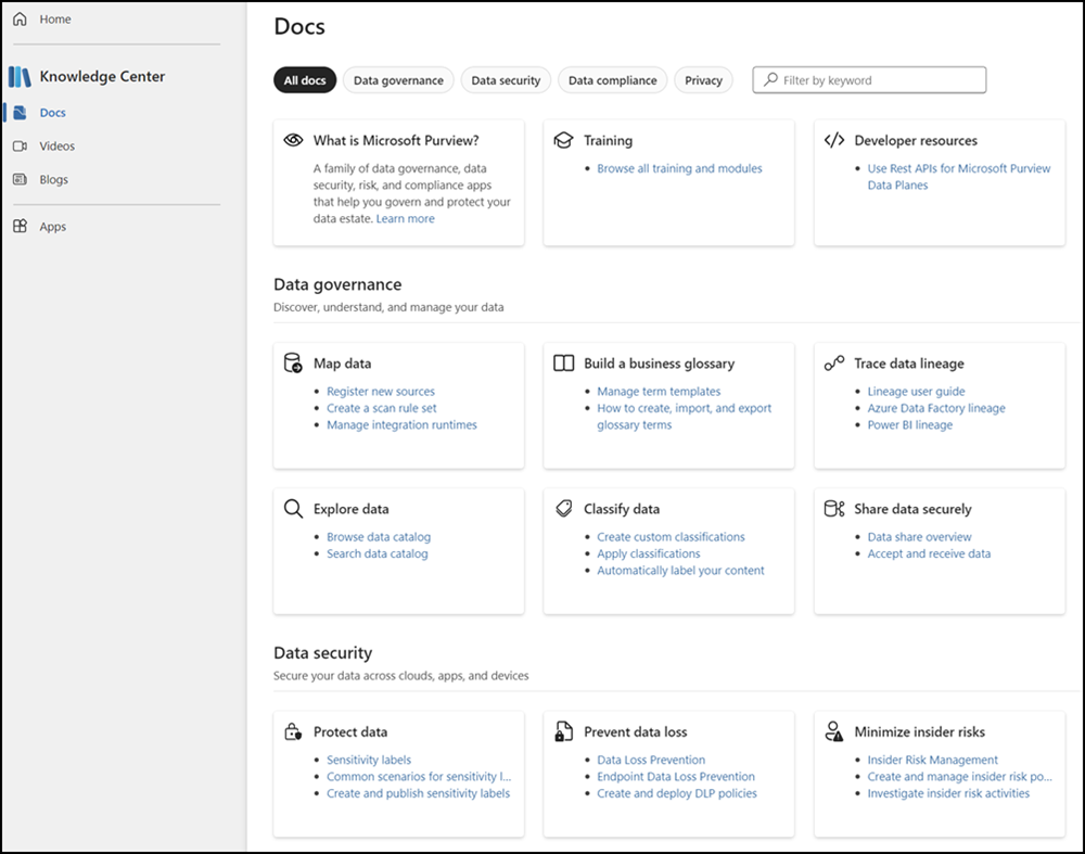 Screenshot of the Knowledge Center card in the Microsoft Purview portal showing articles, product demos, tutorials, and learning materials.