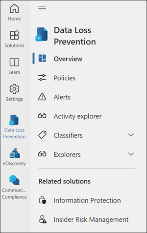 Screenshot of the Microsoft Purview portal left navigation showing links to Home, Solutions, Learn, Settings, and recent solutions.