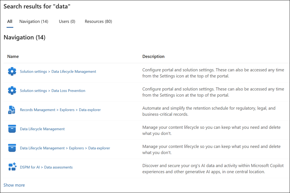 Screenshot of Microsoft Purview portal search results grouped by navigation, users, and resources categories.