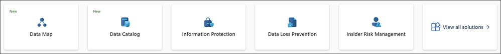 Screenshot of Microsoft Purview portal solution cards showing available solutions on the home page.