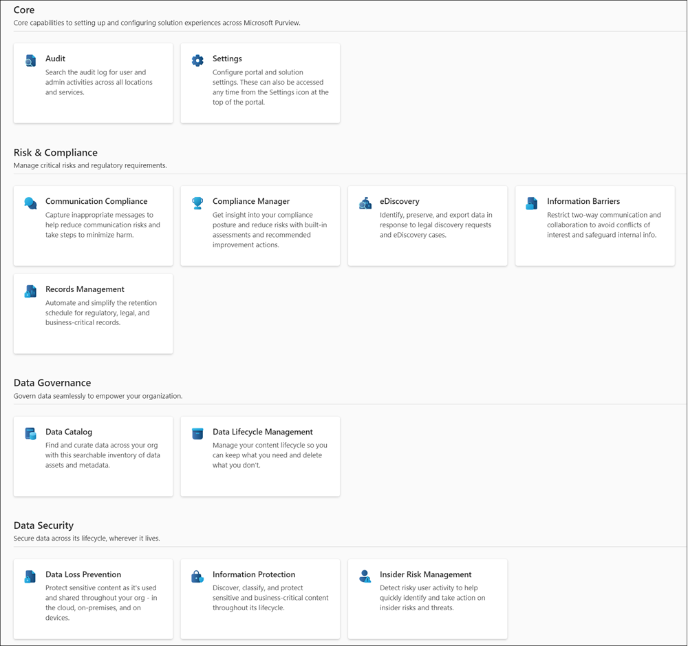 Screenshot of the Microsoft Purview portal solutions page showing core, risk and compliance, data governance, and data security sections.