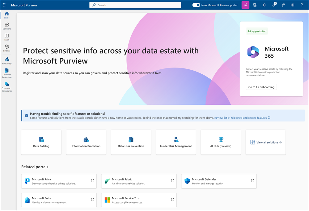 Screenshot of the Microsoft Purview portal home page displaying solution cards, compliance posture, and navigation options.